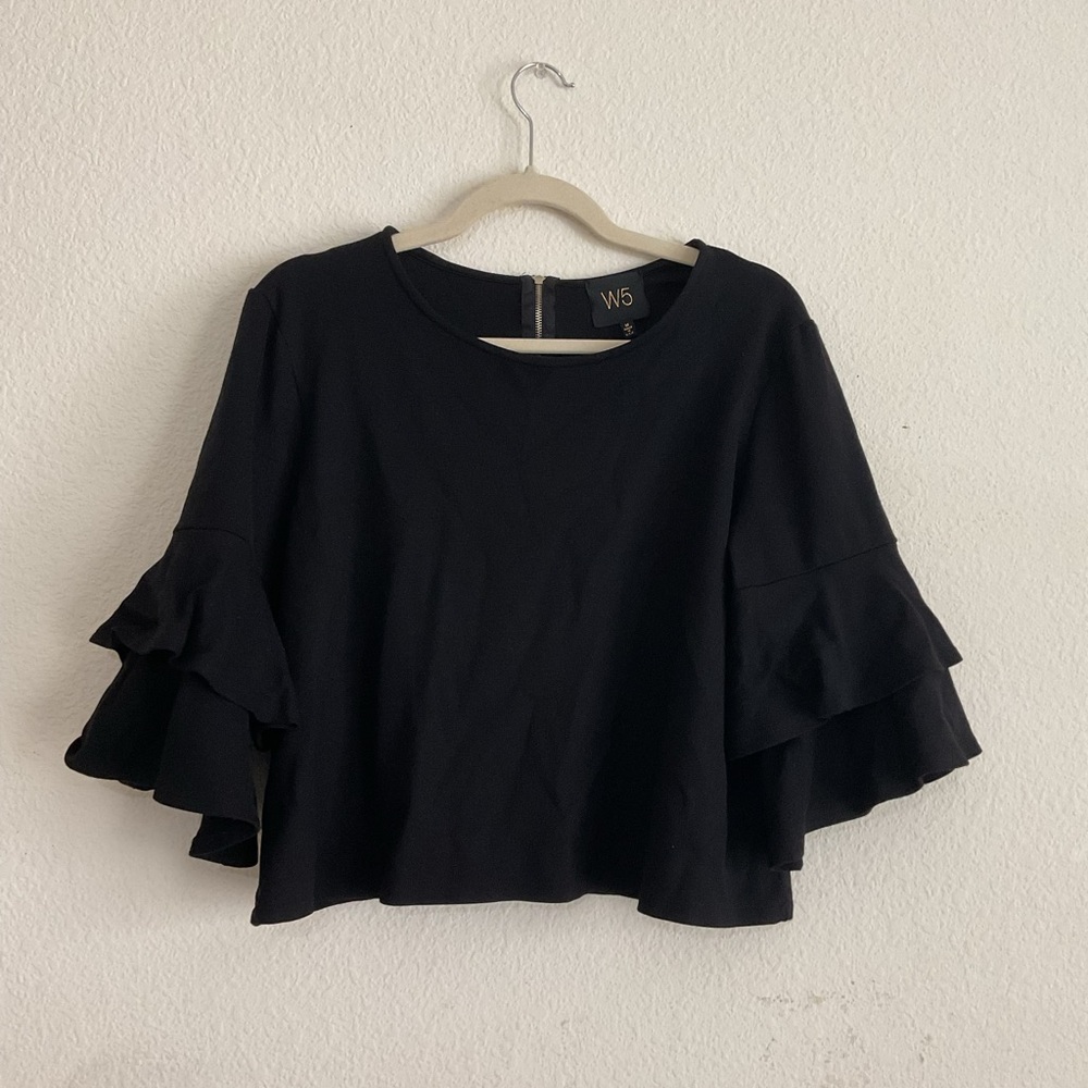 W5 Black Flutter Sleeve Blouse with Ruffled Boxy Design
